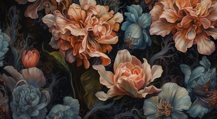 Renaissance-Victorian style oil painting of flowers and leaves, floral pattern, jungle theme, background image, vibrant colored flowers, petals and twigs. 