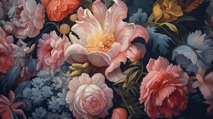 Renaissance-Victorian style oil painting of flowers and leaves, floral pattern, jungle theme, background image, vibrant colored flowers, petals and twigs. 