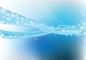 Blue abstract background with waves, ribbons and snowflakes. Vector illustration.