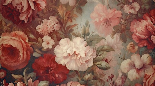 Renaissance-Victorian style oil painting of flowers and leaves, floral pattern, jungle theme, background image, vibrant colored flowers, petals and twigs. 