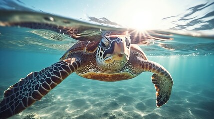 a turtle swimming under water. Generative AI Art. - 607516073