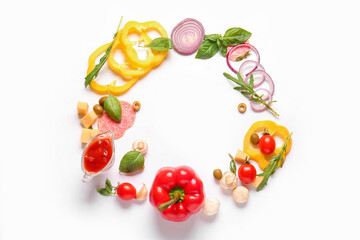 Frame made of ingredients for preparing pizza on white background