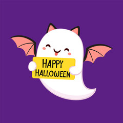 Cute ghost emotional expression. Halloween phantom ghost with different character. Ghost isolated on purple background. Bat.