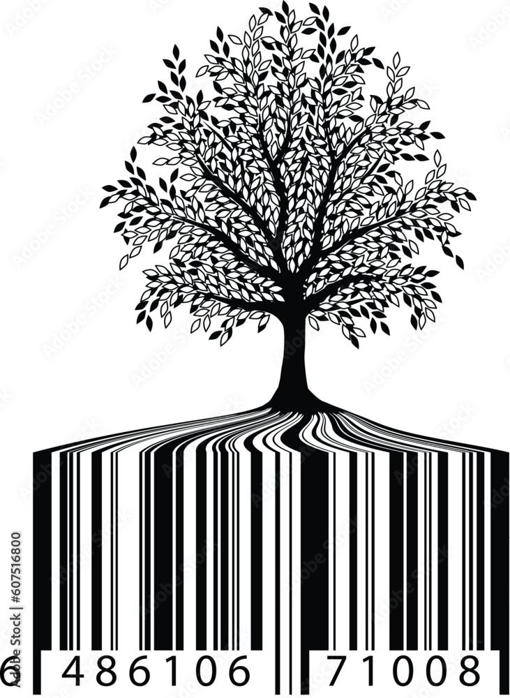 Poster editable vector illustration of a tree with bar-code roots