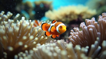 Fototapeta na wymiar a clown fish swimming in anemone. Generative AI Art.