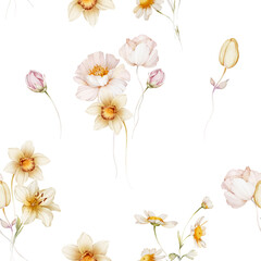 Seamless pattern with narcissus lilies and white poppy.