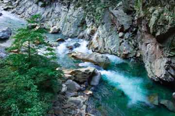 Panorama con torrente che scorre tra rocce, alberi e pareti rocciose, in estate. Acqua che scorre...