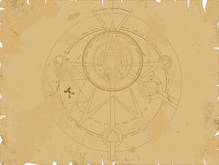 Vector illustration of old scroll with alchemy pentagram