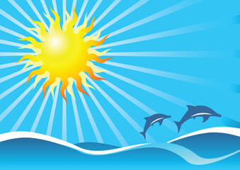 Fototapeta na wymiar Abstract representation of a wavy sea under the sun with two dolphins