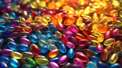 Fototapeta na wymiar beautiful lilac luminous gelatin capsules pills vitamins close-up on a colorful background, place for text