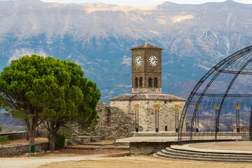 Clock tower of castle in Gjirokaster, Albania