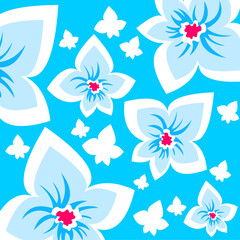 Fototapeta na wymiar Blue ornate flowers on a blue background. Digital illustration.