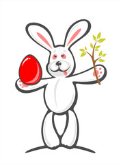 Obraz premium Happy rabbit with egg and green branch on a white background. Easter illustration.