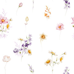 Seamless pattern with wildflowers in a watercolor style..