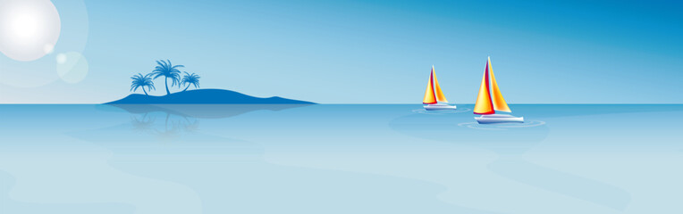 Fototapeta na wymiar A panoramic vector illustration of a sunny sea horizon with an isolated island and 2 sailboats in a distance. All objects are properly layered.