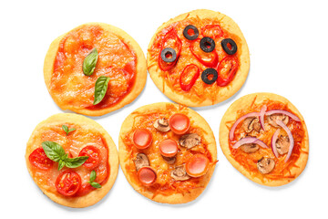Fototapeta na wymiar Different tasty mini pizzas on white background
