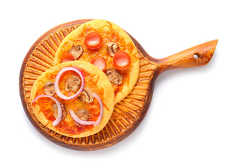 Board with different tasty mini pizzas on white background