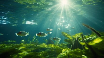 fish in the water with sunlight shining through the water. Generative AI Art. - obrazy, fototapety, plakaty