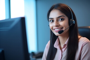 Indian Female Support Agent With Headset Sitting in Front of Computer: AI Generated Image - obrazy, fototapety, plakaty