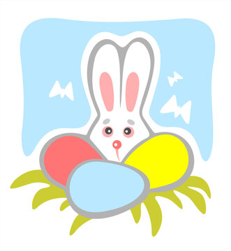Timid rabbit with easter eggs and butterflies on a blue background.