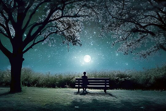 Solitary Contemplation: Person in Park Under Moonlit Sky - AI Generative