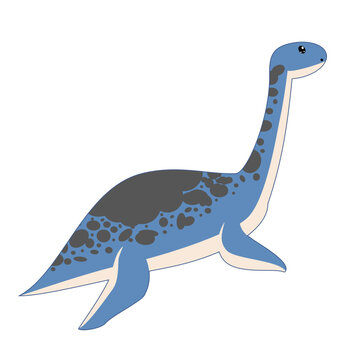 Flat in childish, cartoon style image of a funny, cute plesiosaur dinosaur, dragon