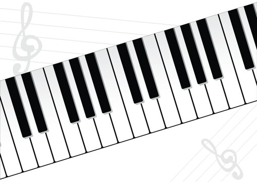 Piano keyboard with music sheet over white background