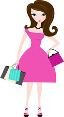 Brunette woman in pink dress with shopping bags in hand.