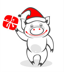 Stylized Christmas pig and gift box on  a white background. Digital illustration.