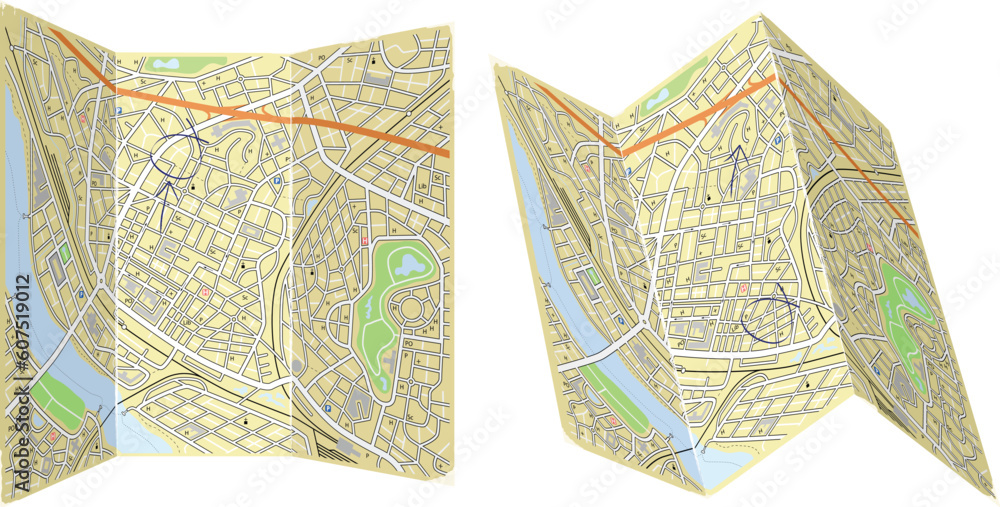 Poster editable vector illustration of two folded generic maps with no names