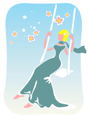 Stylized romantic girl in a blue dress and a scarf shakes on a swing.