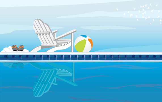 Relaxing depiction of swimming pool and Adirondack Chair; With Flip Flops, beach ball and a flock of birds