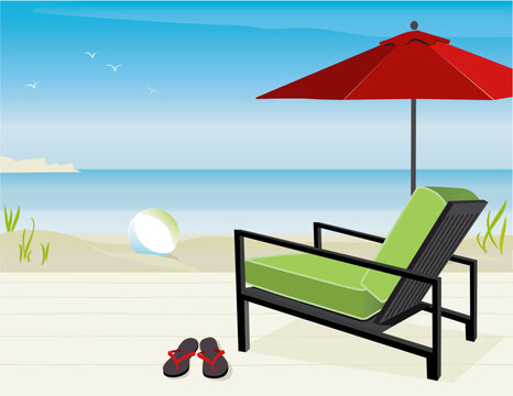 Modern Chair and Market Umbrella at beach; Easy-edit layered file.