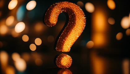 Glitter orange question mark, beautiful blurry moody background. AI generative.