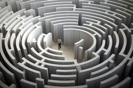 Man walking in a complex maze. Surreal concept. Generative AI