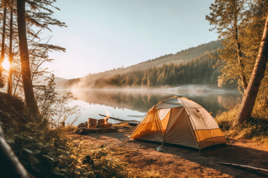 Beautiful morning landscape with camping tent at sunrise. Camping in the forest. Generative AI