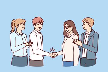 Team business people and manager handshake with best employee company to motivate staff to increase productivity. Successful business team clapping and shaking hands rejoicing at joint achievements