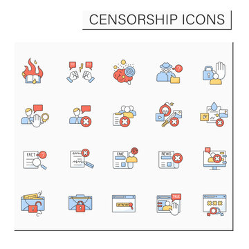 Censorship color icons set. Suppression of speech, public communication. Limited actions, total control. Society concept. Isolated vector illustrations