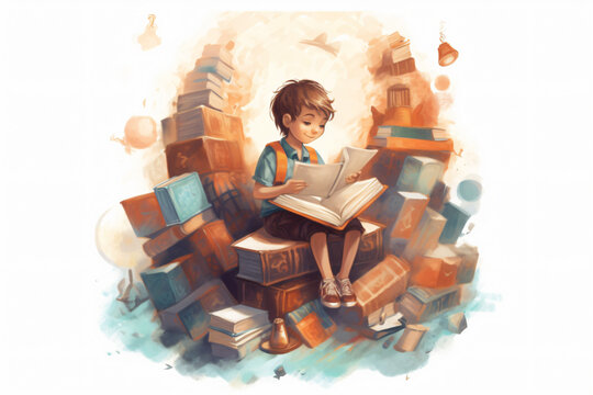 illustration of kid playing and study with book made with Generative AI