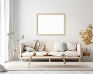 A minimalist Scandinavian-style living room features a blank poster frame mockup. (Generative AI)
