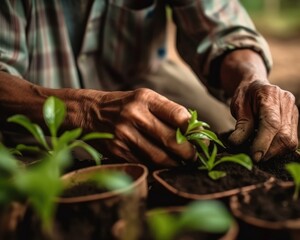 The farmer's hands plant seedlings in a close-up shot. (Generative AI)