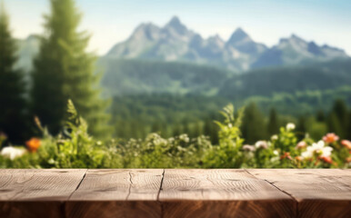 Wooden Table against Blurred Meadow with Mountains