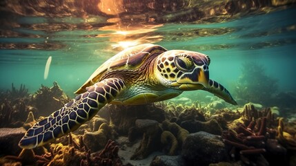 Fototapeta na wymiar a sea turtle swimming in the water. Generative AI Art.