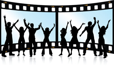 Silhouettes of people dancing on film strip background