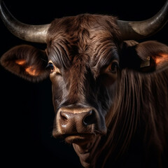 Intense portrait of an angry brown bull/cow profile on dark background, generative AI