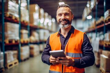 A good - looking warehouse worker holding a tablet in his hand, in the background a large goods storage warehouse - ai generative - obrazy, fototapety, plakaty