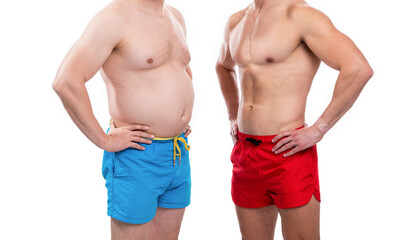 cropped image of men with before fat after slim compare. photo of before fat after slim