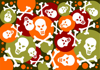 Cartoon moon, skulls and bones pattern on a black background. Halloween illustration.