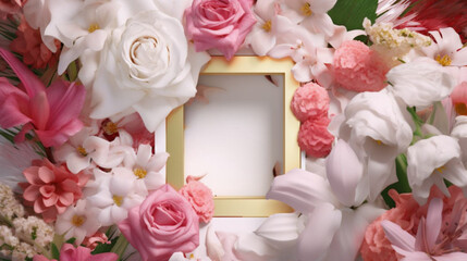 Obraz na płótnie Canvas GOLDEN frame on floral background, creative layout, flowers with golden square frame, bunch, roses, peonies, flat lay, for advertising card or invitation, unique, design, peony, rose, flower