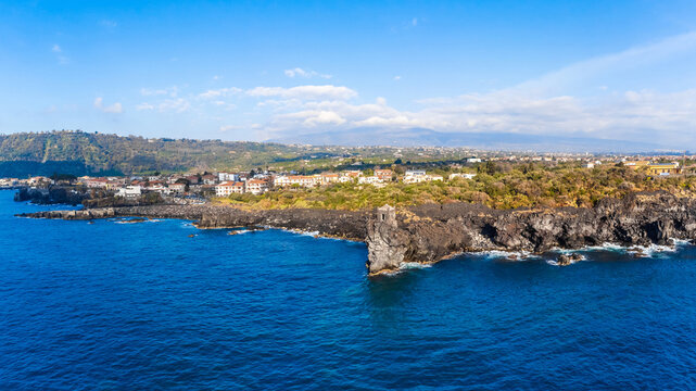 Torre Saracena old tower, Santa Tecla, Catania, Sicily. Sea and rocks